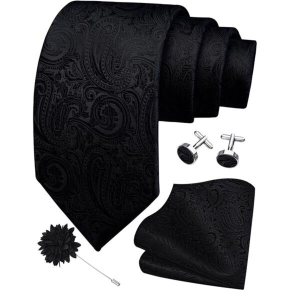3.15"（8cm） Mens Tie and Lapel Pin Paisley Necktie Hankerchief Cufflinks Set - Picture 1 of 6